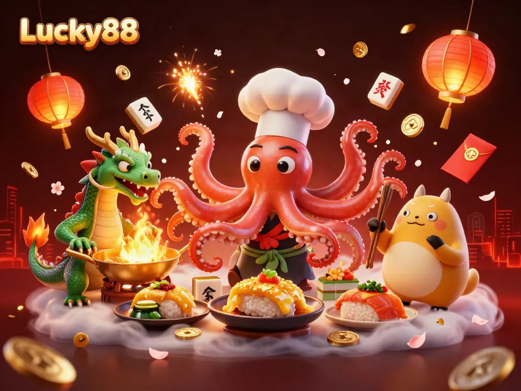 Experience the vibrant world of Lucky88, where an octopus chef and dragon create winning dishes in an animated casino.