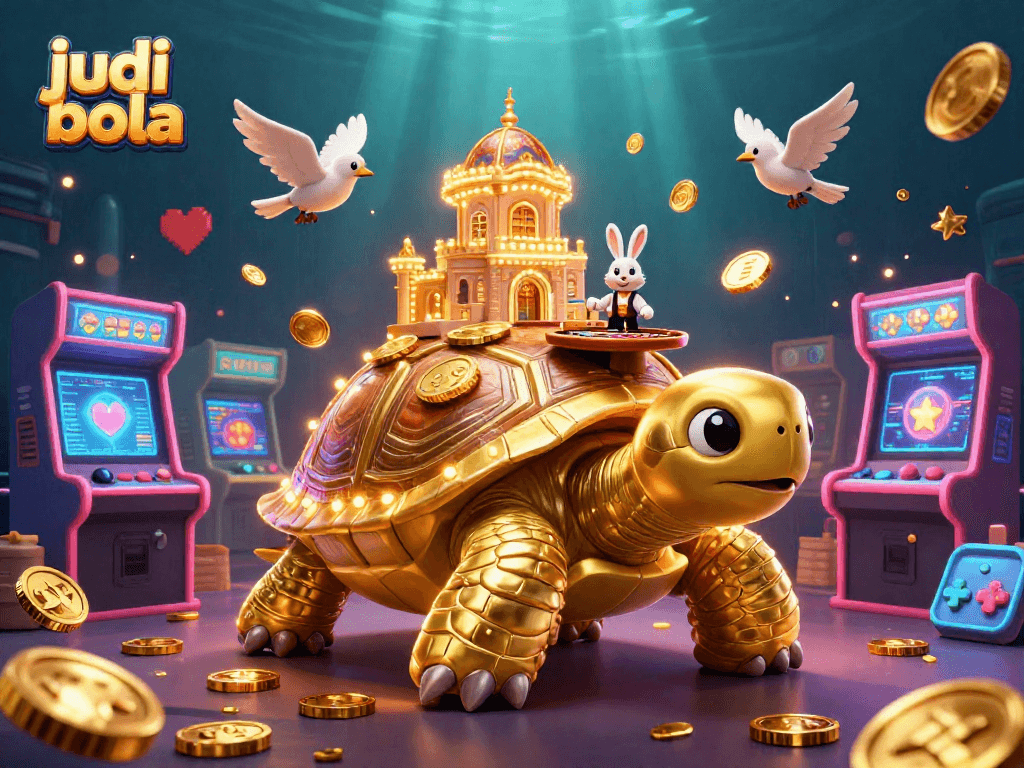 Engage in judi bola online excitement with a dynamic scene featuring a golden tortoise casino and a rabbit dealer.