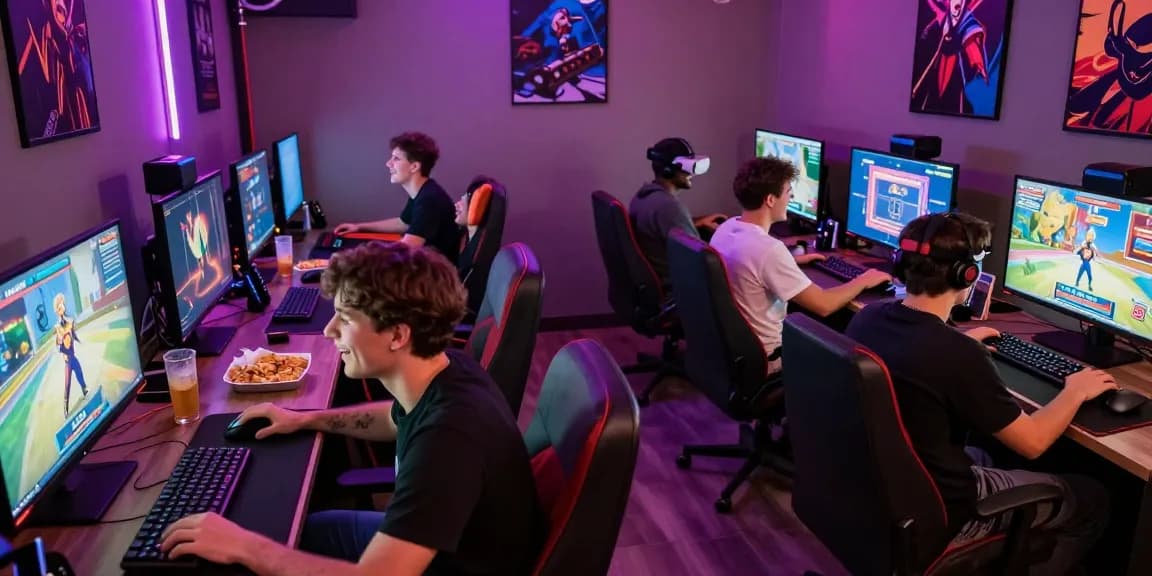 Engaged gamers exploring exciting porn games online in a vibrant lounge.