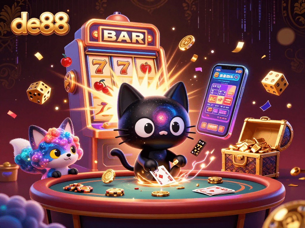 Engage in thrilling gameplay at de88 with a cosmic cat and fox in a vibrant casino scene.