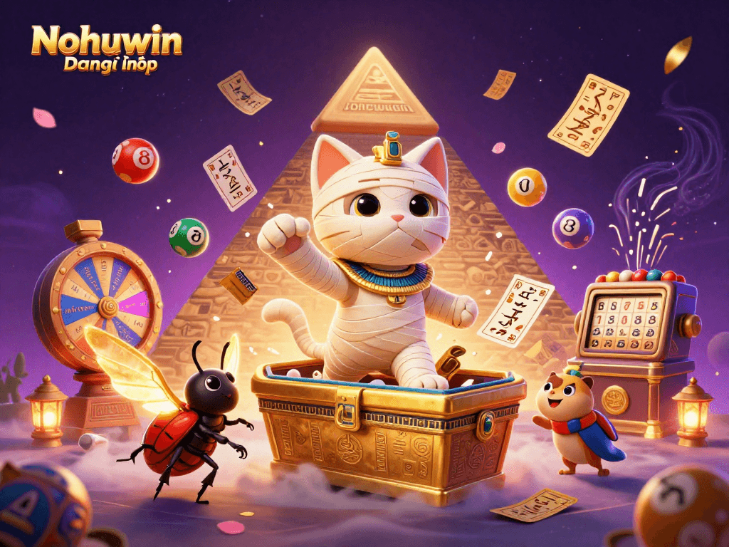 Nohuwin Đăng nhập featuring a 3D cartoon Egyptian mummy cat in a vibrant casino scene with gaming elements.