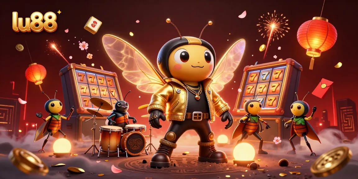 Experience the thrill of winning at lu88 with dynamic casino games and vibrant characters in this action-packed illustration.