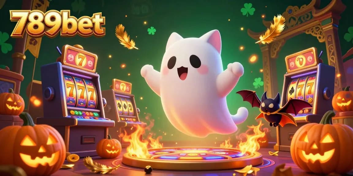 Engage with the thrilling atmosphere of 789bet featuring a floating ghost cat, jackpot elements, and vibrant casino decorations.