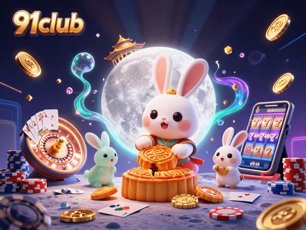 Engage with 91club's thrilling casino adventure featuring the moon rabbit and poker chips.
