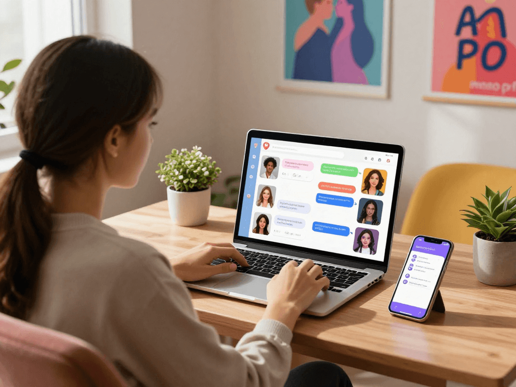 User engaging in ai sex chat on a vibrant laptop in a stylish home office environment, showcasing interactive technology.