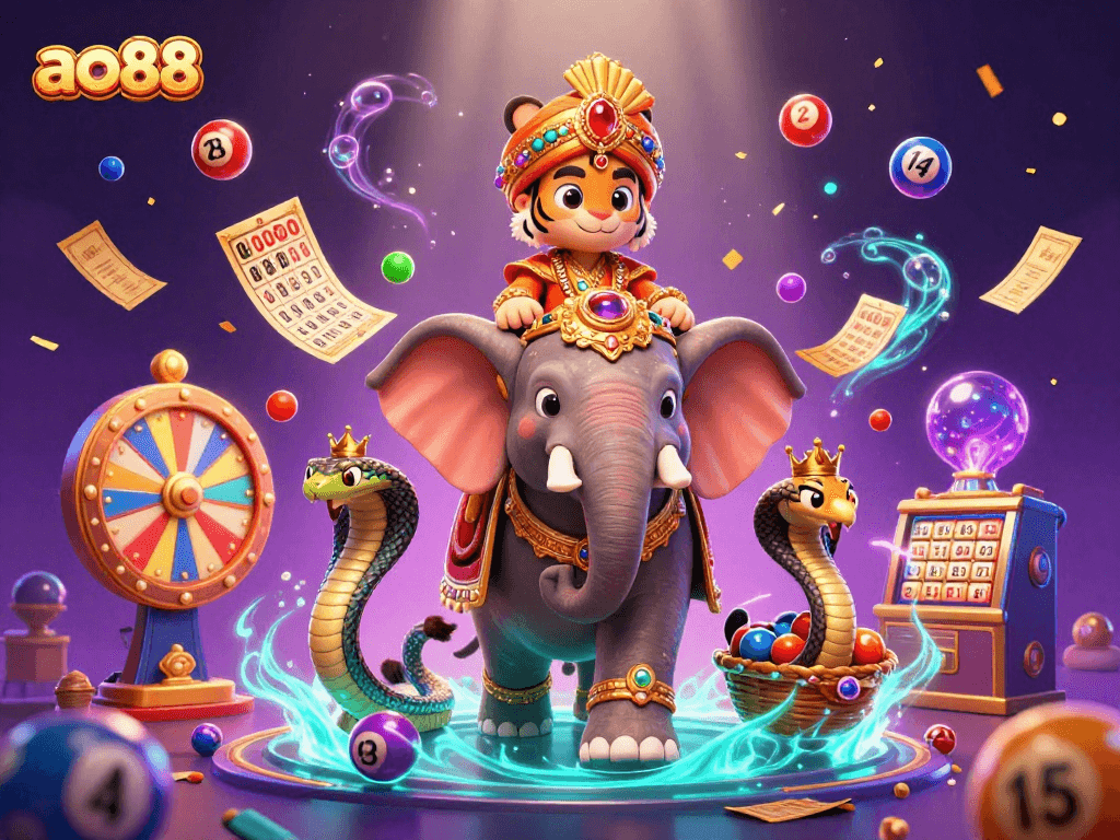 Engage in thrilling action at ao88 with a dazzling 3D illustrated casino scene showcasing a vibrant maharaja and immersive lottery elements.