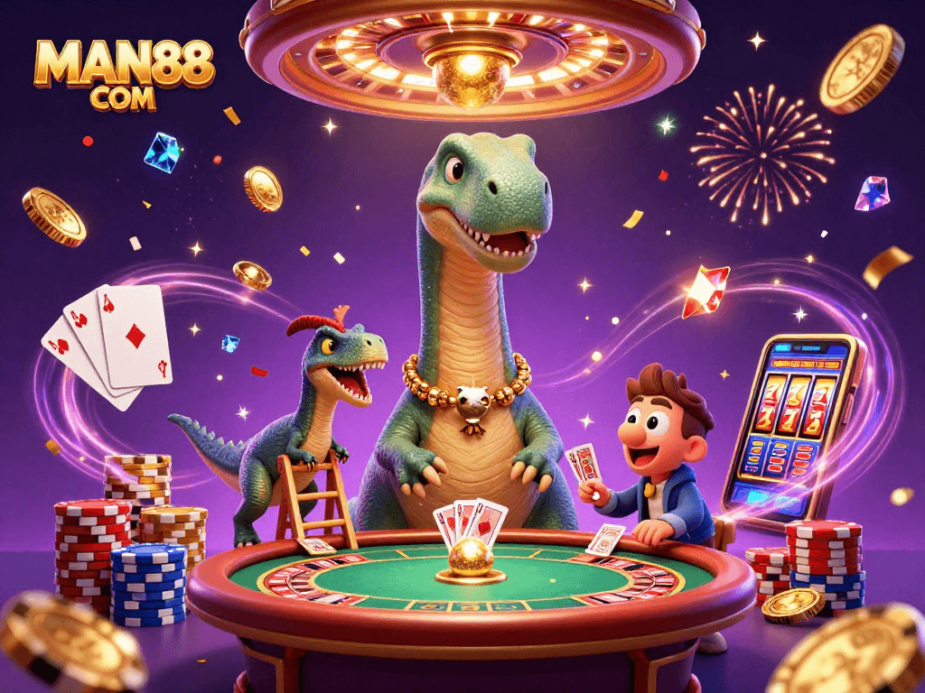Experience thrilling games at MAN88 COM with a dynamic casino scene featuring a brontosaurus and raptor dealer.