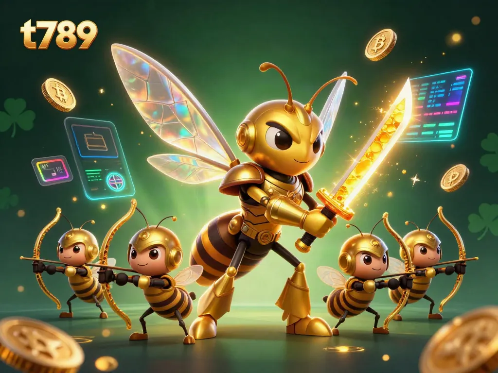 T789 gaming immersion featuring samurai hornet with bee archers amidst vibrant crypto elements and rich golden details