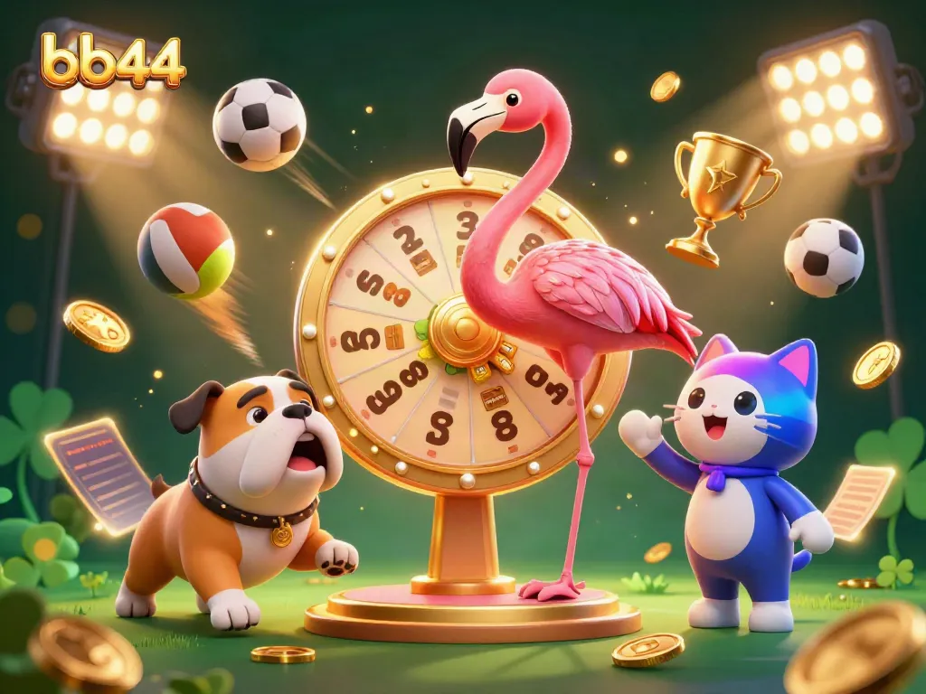 Exciting moment at bb44 where a flamingo host spins the prize wheel while a bulldog contestant jumps with joy, surrounded by sports balls and gold coins.
