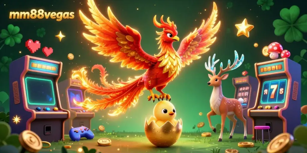 Experience the thrill of winning at mm88vegas with vibrant casino themes in a colorful 3D illustration.