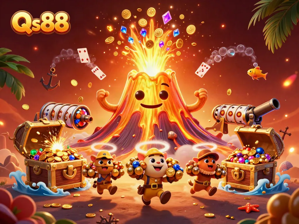 Experience the excitement of Qs88 with a dynamic casino-themed volcano illustration erupting treasure.