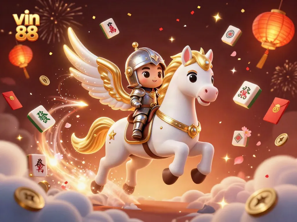 Experience thrilling wins with vin 88 illustrated flying horse and gaming elements in a vibrant casino setting.