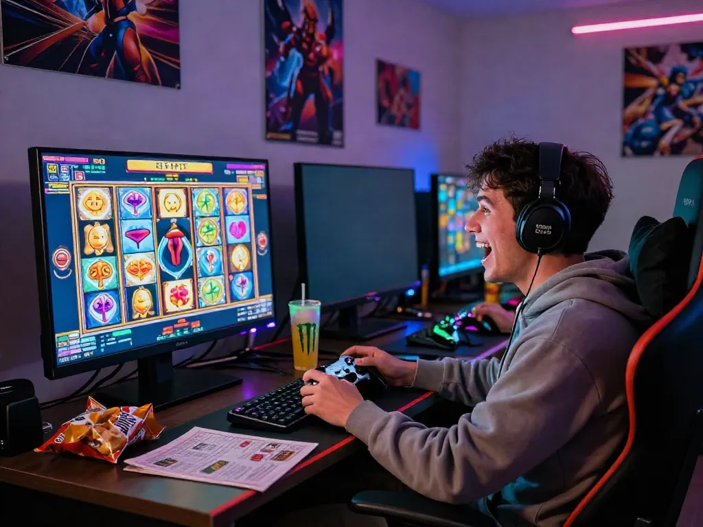 Player engaging with slot gacor game at home, surrounded by snacks and gaming gear.