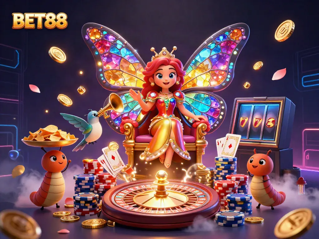Experience the vibrant universe of BET88 with a whimsical 3D scene featuring a butterfly queen and lively casino elements.