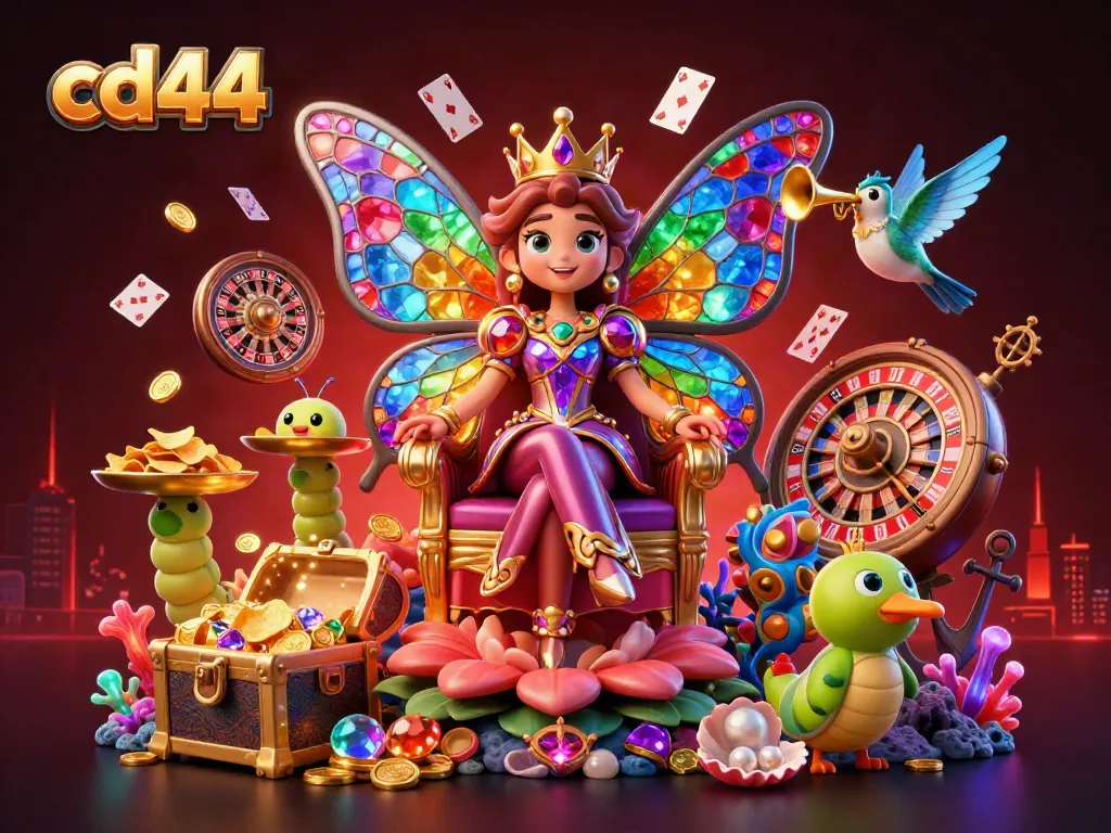Engage in exciting casino action at cd44 with a vibrant illustration of a butterfly queen and casino elements.