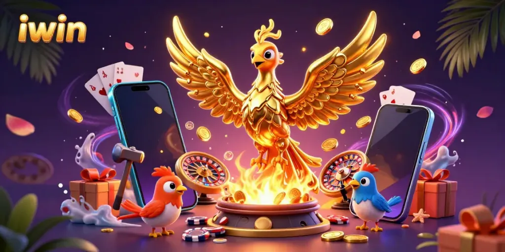 Experience thrilling gaming with iwin, featuring a golden phoenix, coins, and vibrant casino elements.