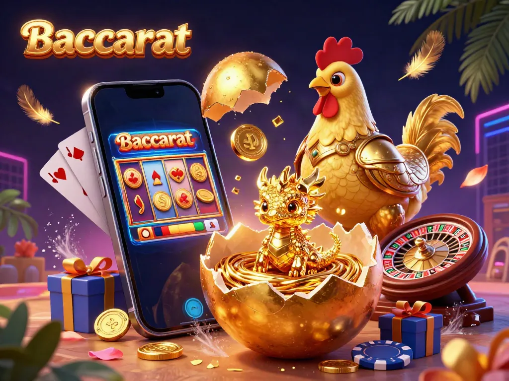 Baccarat-themed 3D cartoon scene showing a golden egg cracking to reveal a baby dragon and poker chips, illustrating online gaming excitement.