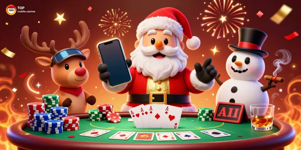 Experience the excitement of top mobile casinos with Santa and friends in a festive illustration.