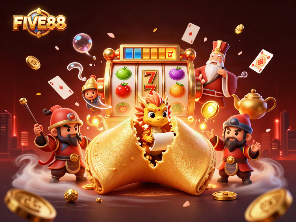 Engage in exciting gaming action with FIVE88's vibrant slot machines and animated characters.