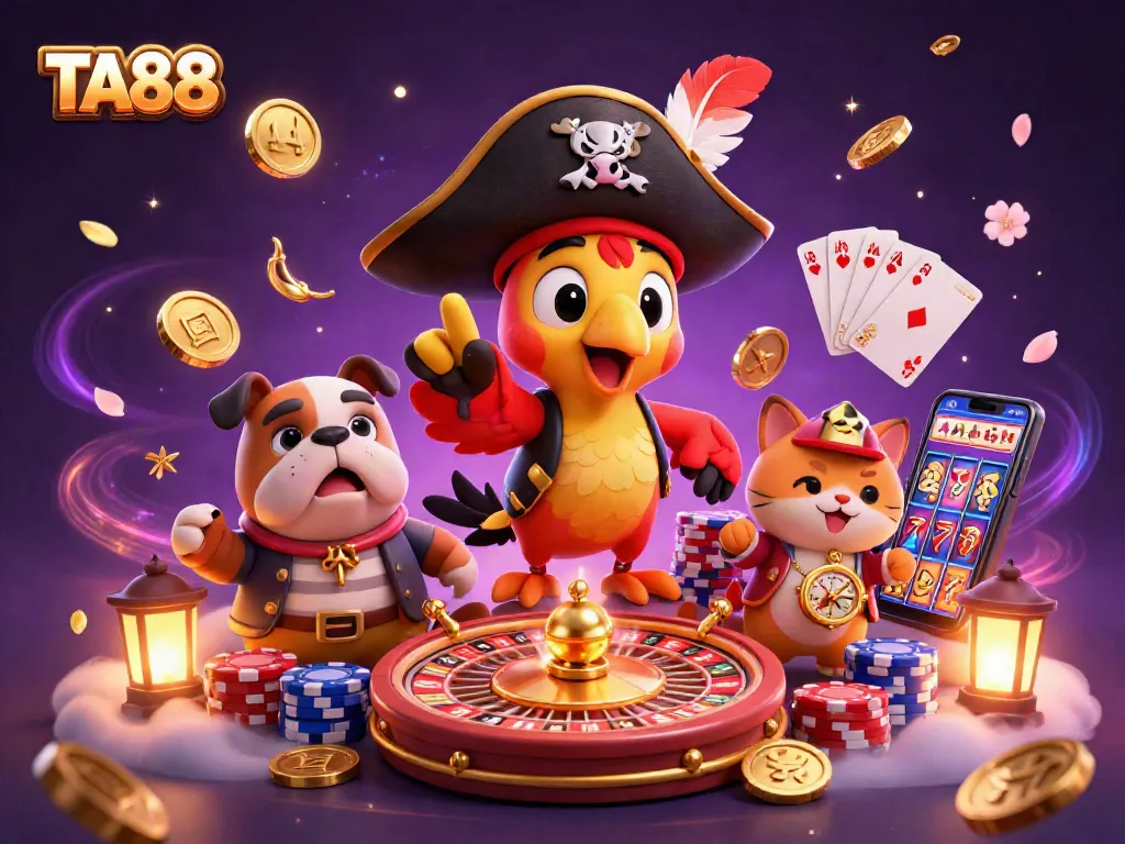 Experience the excitement at TA88 with the charismatic pirate captain and his crew in a vibrant casino scene.