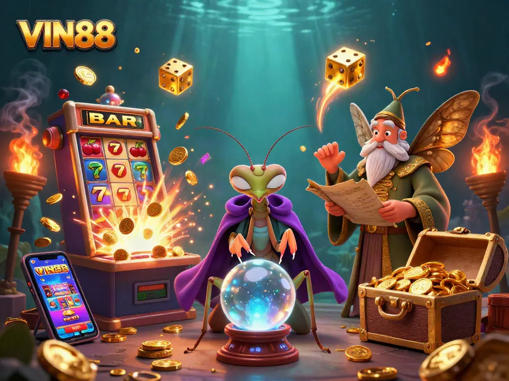 Experience thrilling gameplay with VIN88's colorful casino atmosphere filled with slot machines and fortune tellers.
