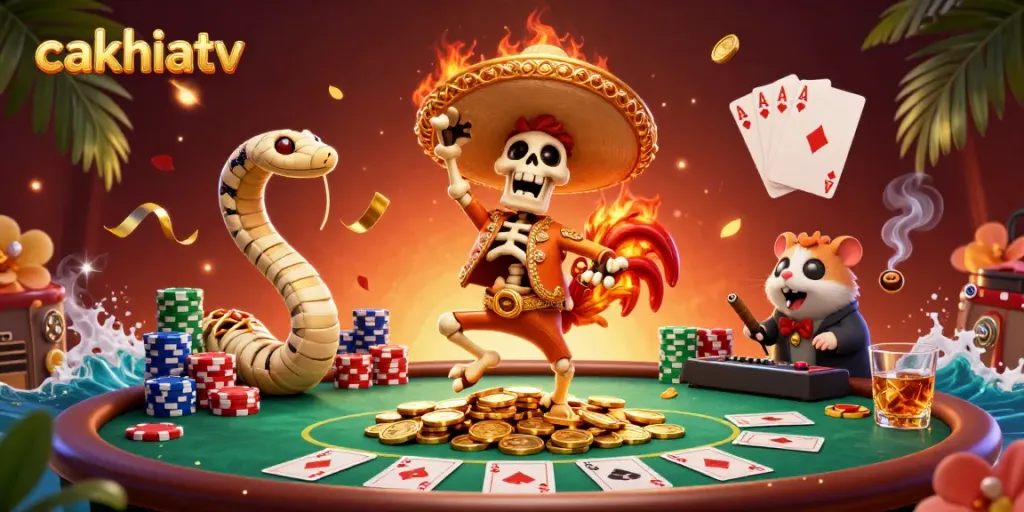 CakhiaTV's lively 3D illustration featuring a skeleton mariachi rooster celebrating amidst poker elements and vibrant decorations.