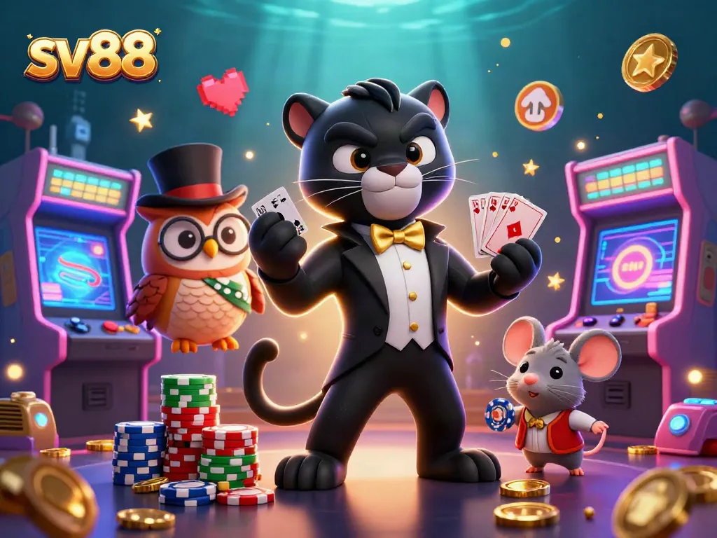 sv88 captures the thrill of casino gaming with vibrant characters engaging in card games and casino elements.