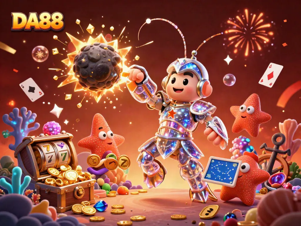 Experience the excitement of DA88's galactic casino, with animated shrimp and slot symbols!
