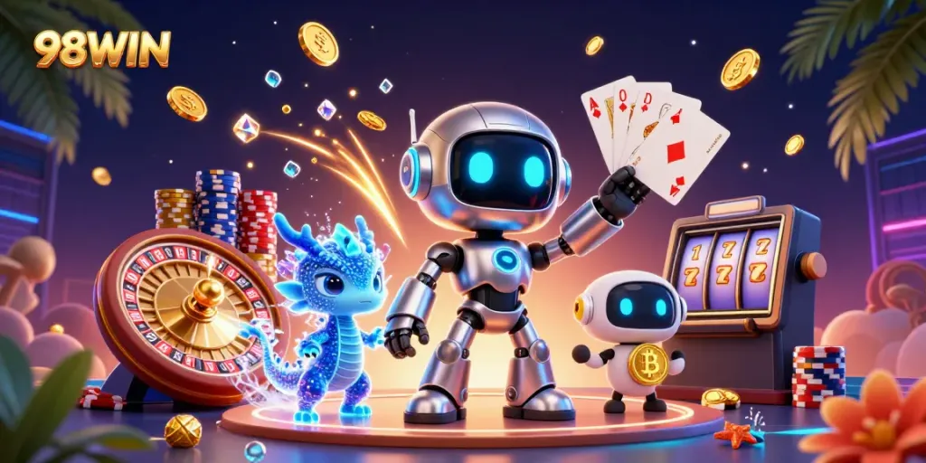 Experience thrilling gaming action with 98WIN's vibrant 3D casino illustration.