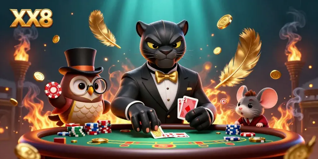 Experience thrilling poker action with XX8 in a vibrant, detailed casino scene.