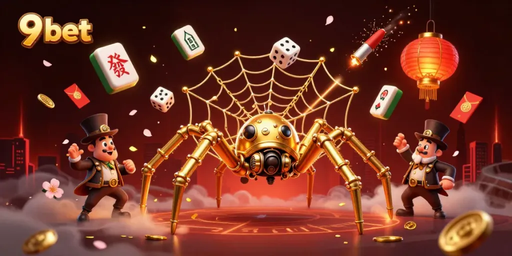 Engage in exciting gameplay at 9 bet while a steampunk spider catches dice in a vibrant casino scene.