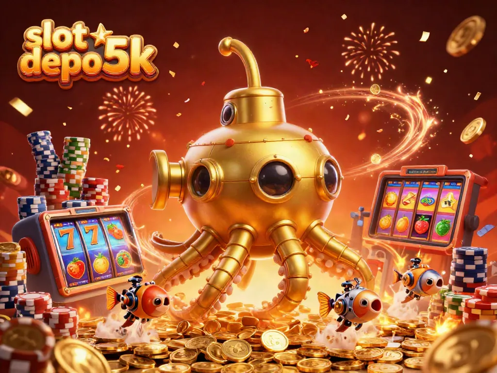 Experience the thrill of "slot depo 5k" with vivid slot reels and golden coins in this dynamic illustration.