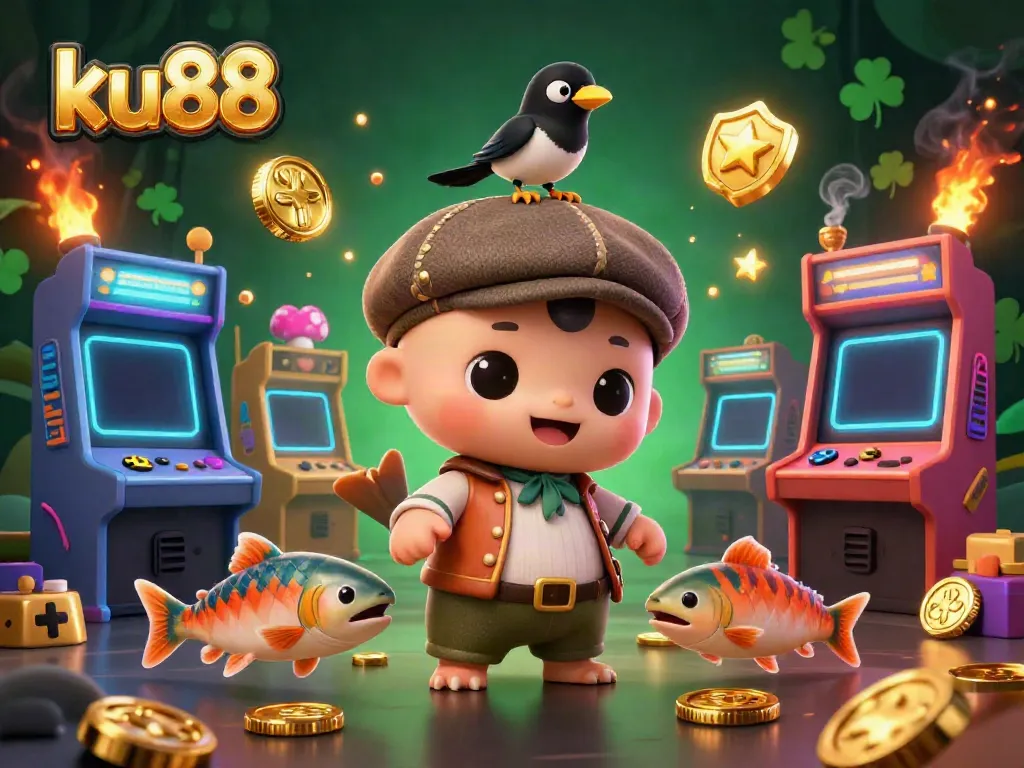 ku88 casino scene featuring cartoon Nessie, magpie, and vibrant arcade machines
