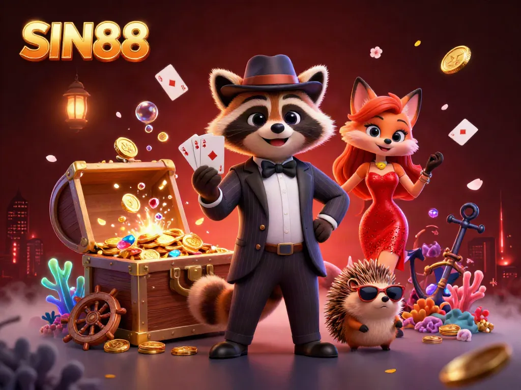 SIN88 showcases a 3D raccoon in a suit holding a royal flush with lively casino elements around.