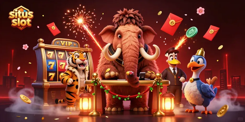 Win at situs slot with vibrant casino characters, bouncer, VIP guest, and energetic atmosphere.