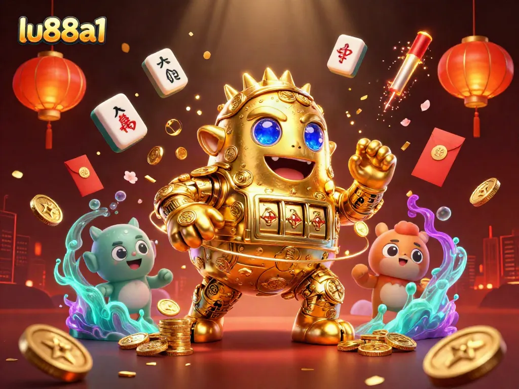 Experience winning with lu88a1's golden golem in a vibrant animated gambling scene.