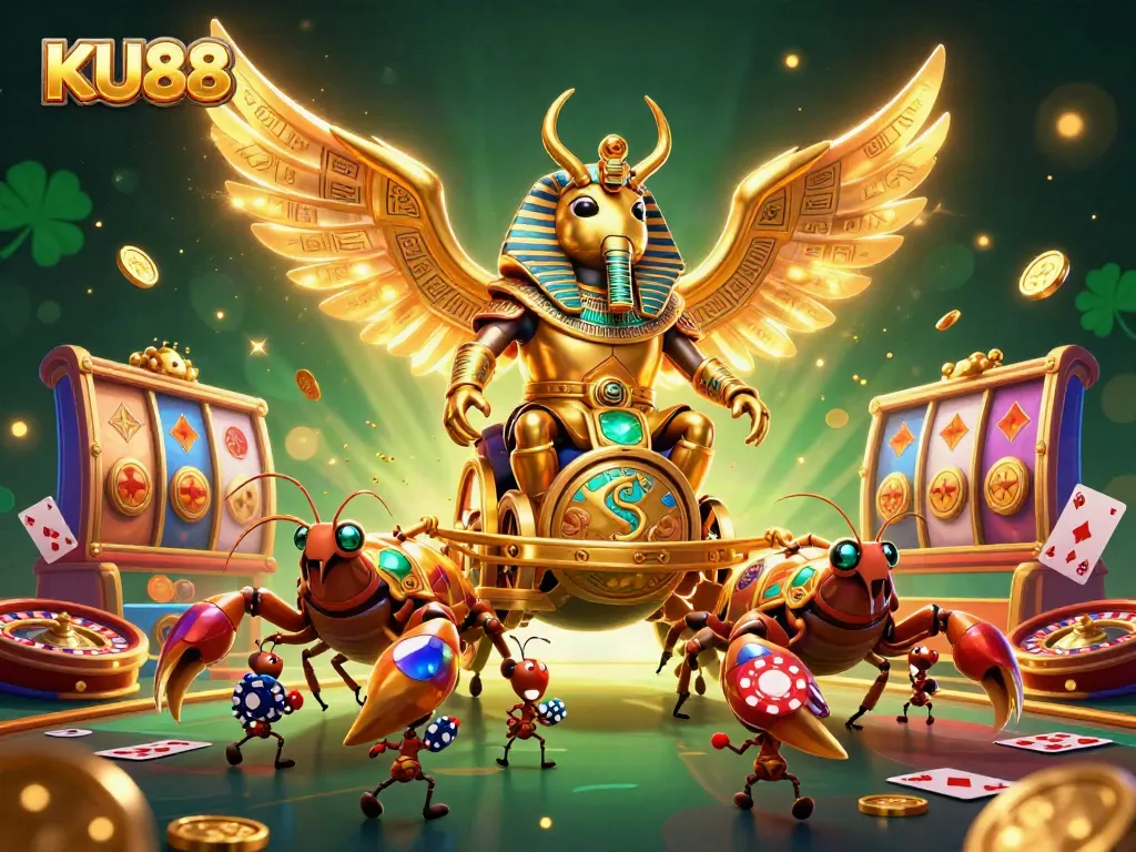 KU88 offers a thrilling gaming scene with a golden scarab beetle, scorpions, and vibrant casino elements.