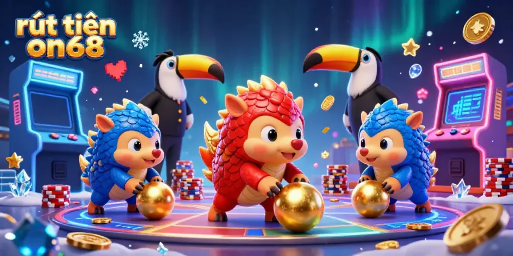 Engage in exciting rút tiền on68 scene with rival pangolins amidst casino gaming action and colorful arcade elements.