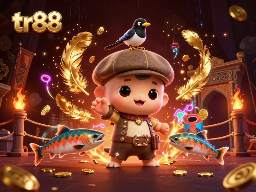 Feel the excitement of tr88 with playful characters amid a vibrant casino scene filled with gold coins and dynamic elements.