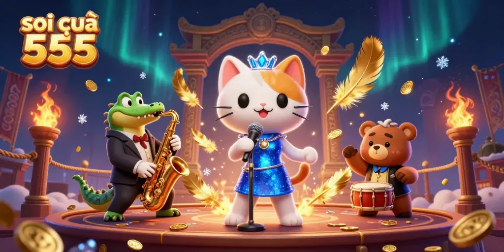 Experience the excitement of soi cầu 555 with lively characters and a vibrant casino atmosphere featuring golden tokens.