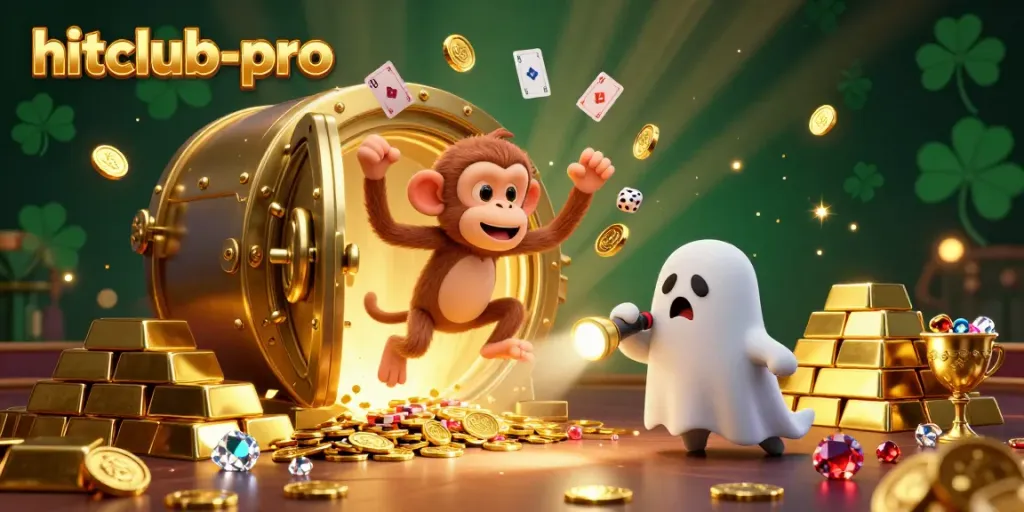 Engage in thrilling gameplay with hitclub-pro as a poltergeist monkey juggles golden treasures in a haunted casino.