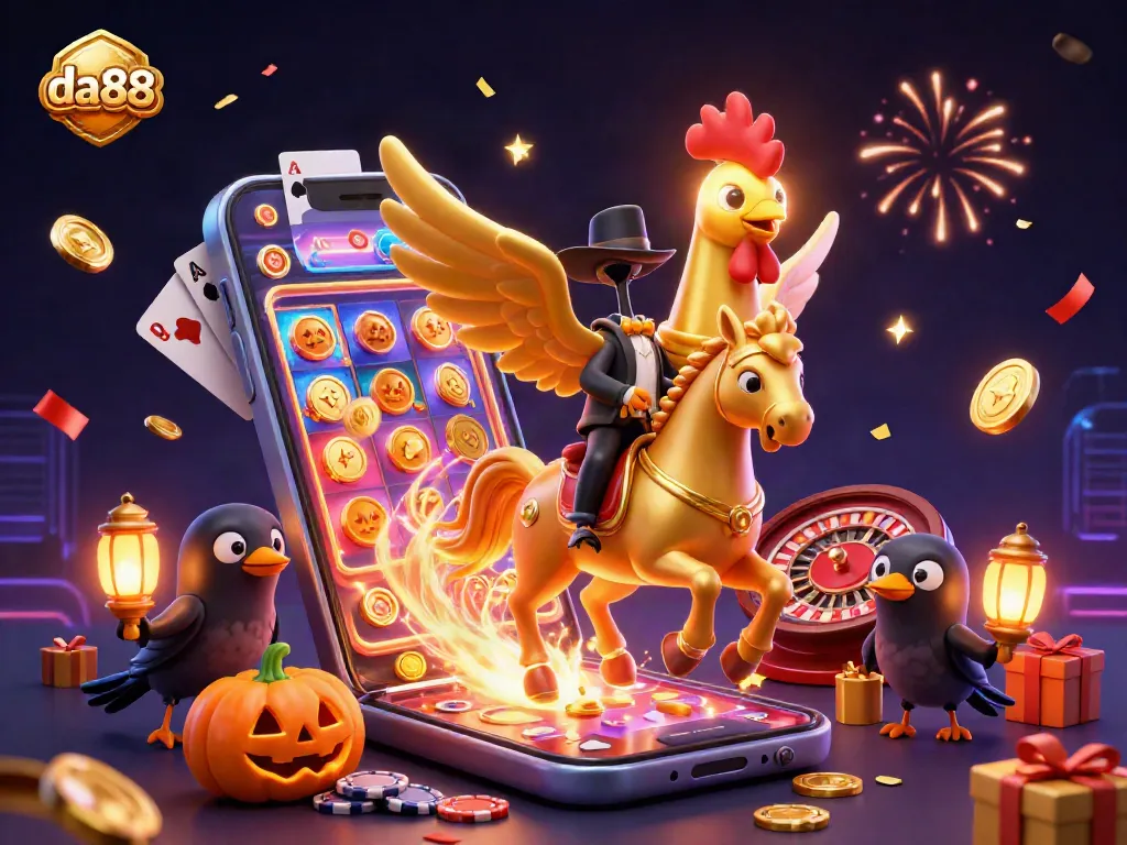 Experience the excitement of da88 with a vibrant 3D casino illustration featuring dynamic games and festive elements.