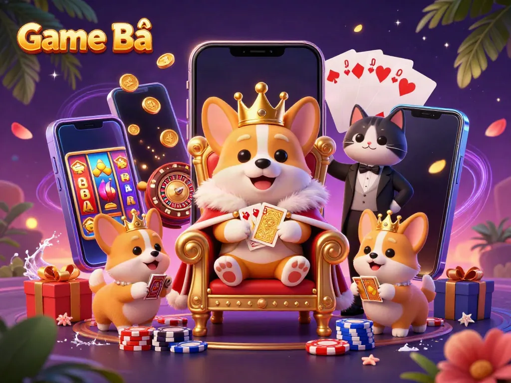 Join the exciting Game Bài league with royal corgi, butler, and vibrant gaming elements.