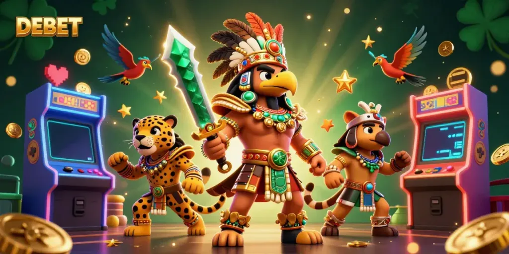Engage with DEBET's thrilling gaming atmosphere featuring Aztec warriors and arcade elements.
