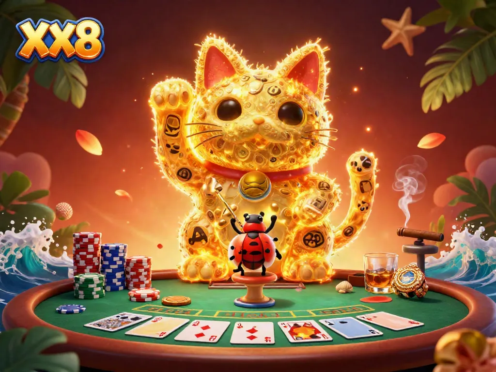 Experience a vibrant casino scene with a giant lucky cat formed by golden fireflies, showcasing the essence of XX8.