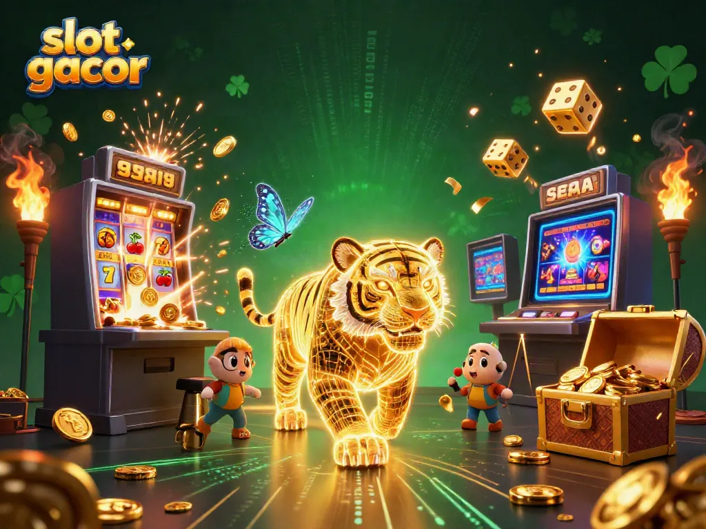 Experience the excitement of slot gacor in a vibrant digital casino scene with energetic characters.