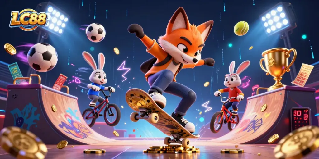 LC88 casino illustration featuring a fox performing a kickflip over golden poker chips while surrounded by dynamic sports elements.