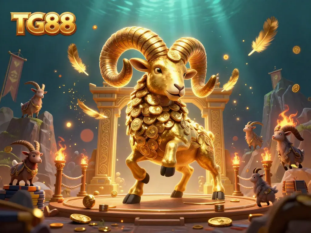 Experience the thrill of TG88 with a golden ram charging through a vibrant casino scene, showcasing excitement and riches.