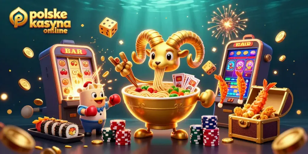 Engage in the excitement of polskie kasyna online with vibrant symbols and characters in a dynamic casino scene.