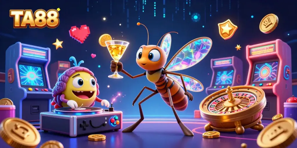 Engage with TA88 in a vibrant casino scene featuring a frozen mosquito mascot, trilobite DJ, and roulette wheel.